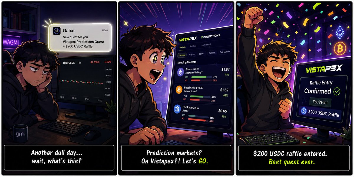 VistaPex's tweet photo. Spotted a @Galxe quest → discovered @VistaPex Predictions → entered a $200 USDC raffle. A good day to quest hard 💪

20 winners. $10 each. All you gotta do is place your first prediction and complete a few quick tasks.

Don't sleep on this, girls and boys
https://t.co/v8uoKkXFZk