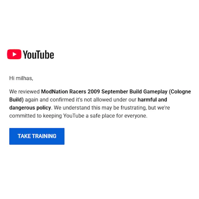 cotamilhas's tweet photo. Hi @TeamYouTube,

My ModNation Racers gameplay video was removed for "Harmful or Dangerous Content", but it only contained normal gameplay and nothing that violates the Community Guidelines.

I already submitted an appeal, but it was rejected immediately. https://t.co/B6xOeRzvQ2