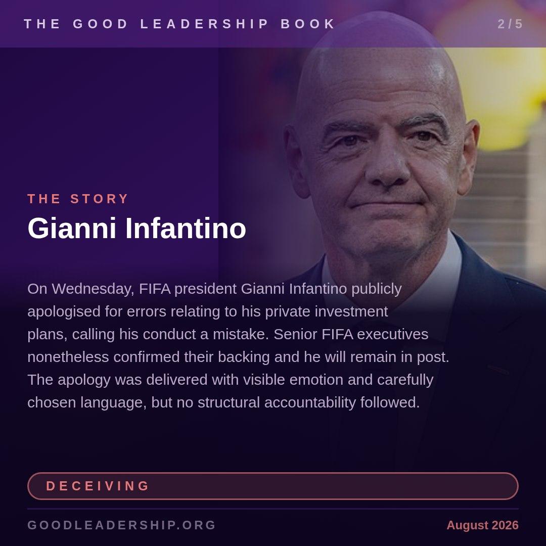 GoodLeadershipB's tweet photo. Gianni Infantino issued a public apology on Wednesday for errors in his controversial private investment plans, then promptly confirmed he would remain FIFA president with backing from senior executives. The apology is communication without accountability https://t.co/yGxXIELAUc