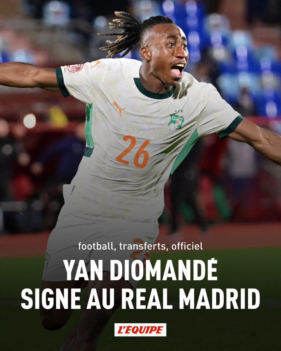lequipe's tweet photo. Le Real Madrid a officialisé la signature de Yan Diomandé en provenance du RB Leipzig après plusieurs semaines de négociations. L'ailier ivoirien s'est engagé avec la Maison Blanche jusqu'en 2033 contre 125 M€ hors bonus. https://t.co/vsXbH4bzOM https://t.co/nyvosEjqXk