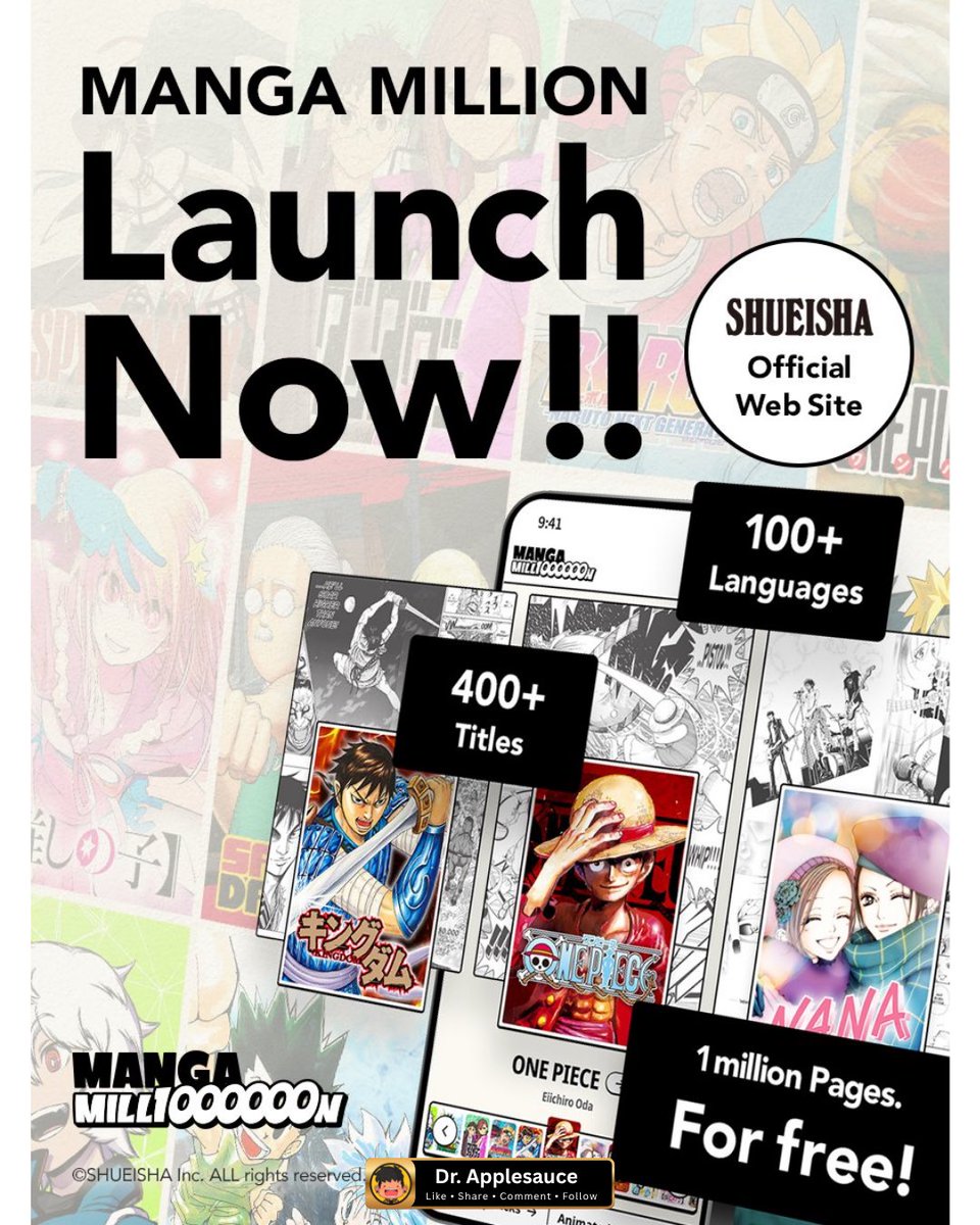 Dr_applesauce's tweet photo. Shueisha Launches Free MANGA MILLION Platform with 1 Million Pages! This is a MASSIVE step in the direction of providing a LEGAL free way to read manga. Also, no AI was used. 

Shueisha has officially launched MANGA MILLION, a free digital manga platform featuring 1 million pages of manga translated into 100+ languages, with no account or registration required.

The platform includes nearly 400 manga series, around 300 first-time translations, and 150+ shojo titles, alongside chapters from major hits like One Piece, Hunter × Hunter, Jujutsu Kaisen, Chainsaw Man, JoJo’s Bizarre Adventure, Demon Slayer, Black Clover, and My Hero Academia.

MANGA Plus Editor-in-Chief Shuhei Hosono also confirmed that no AI was used for the translations. 

#MangaMillion #Shueisha #Manga #AnimeNews #OnePiece