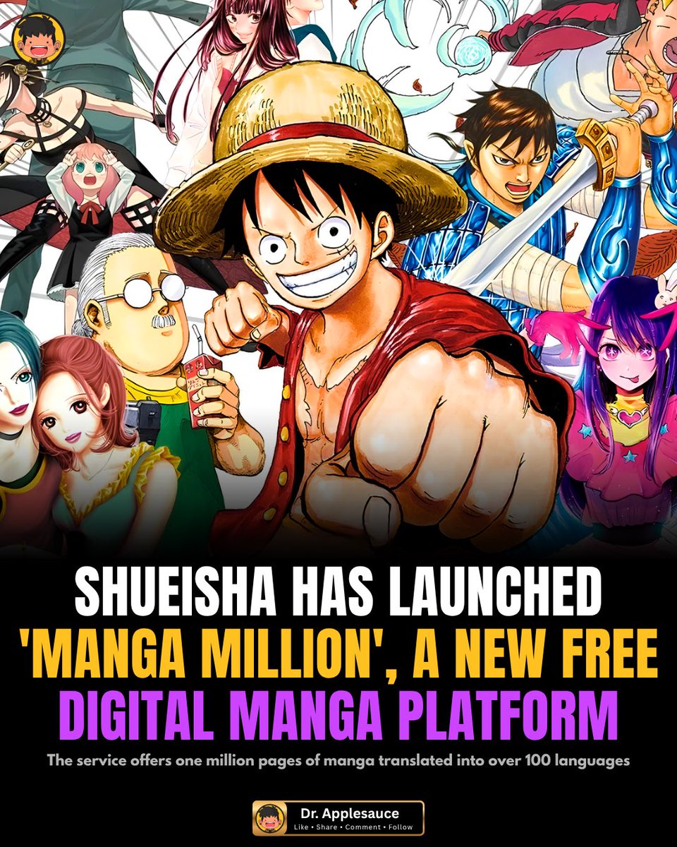Dr_applesauce's tweet photo. Shueisha Launches Free MANGA MILLION Platform with 1 Million Pages! This is a MASSIVE step in the direction of providing a LEGAL free way to read manga. Also, no AI was used. 

Shueisha has officially launched MANGA MILLION, a free digital manga platform featuring 1 million pages of manga translated into 100+ languages, with no account or registration required.

The platform includes nearly 400 manga series, around 300 first-time translations, and 150+ shojo titles, alongside chapters from major hits like One Piece, Hunter × Hunter, Jujutsu Kaisen, Chainsaw Man, JoJo’s Bizarre Adventure, Demon Slayer, Black Clover, and My Hero Academia.

MANGA Plus Editor-in-Chief Shuhei Hosono also confirmed that no AI was used for the translations. 

#MangaMillion #Shueisha #Manga #AnimeNews #OnePiece
