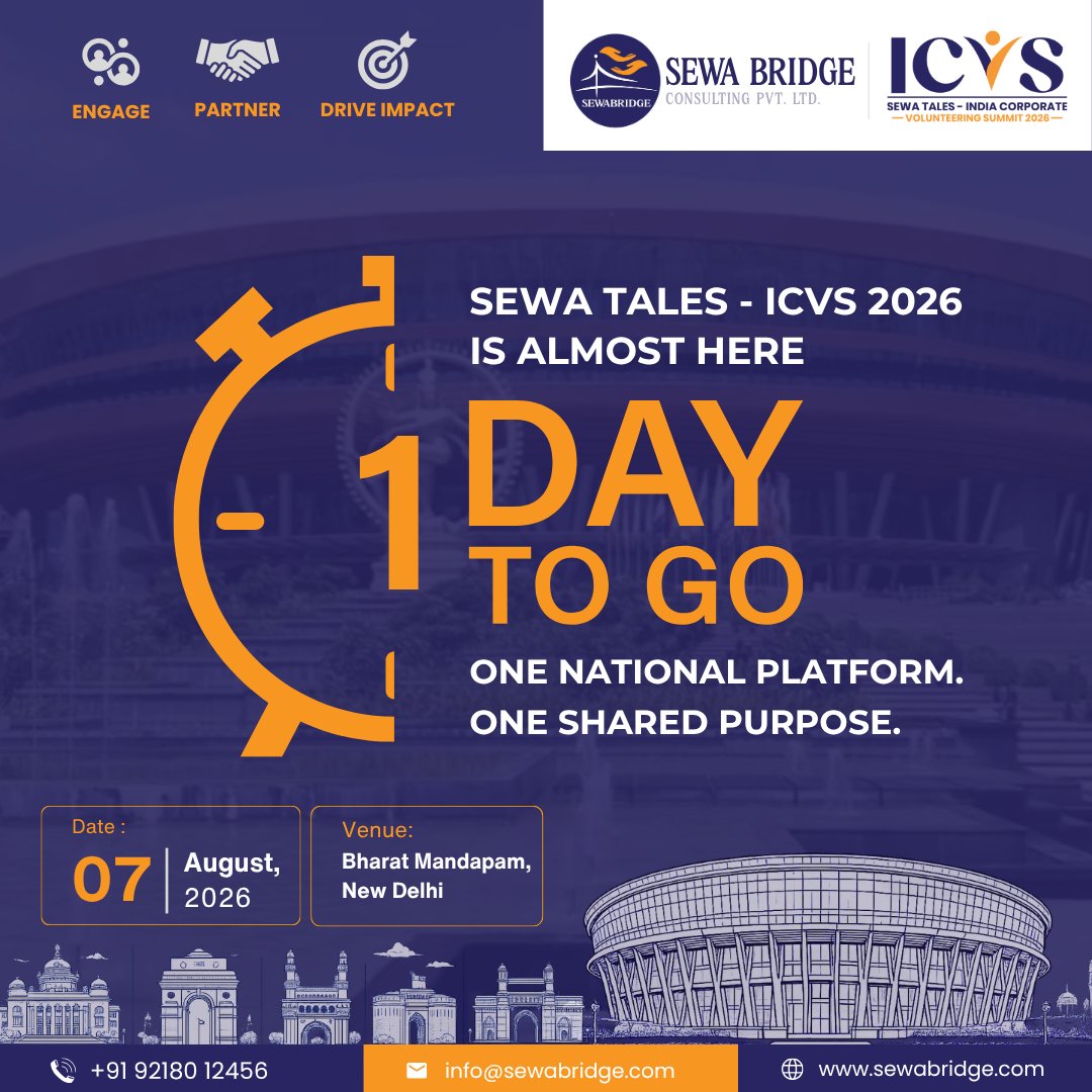 Sewa_Bridge's tweet photo. 𝟭 𝗱𝗮𝘆 𝘁𝗼 𝗴𝗼.

𝗦𝗲𝘄𝗮 𝗧𝗮𝗹𝗲𝘀 – 𝗜𝗖𝗩𝗦 𝟮𝟬𝟮𝟲 is almost here.

One national platform.
One shared purpose.
One powerful conversation.

📅 7 Aug 2026 | Bharat Mandapam

We are all set to welcome you.

#SewaTales #ICVS2026 #CorporateVolunteering https://t.co/bmPGDEDcsL