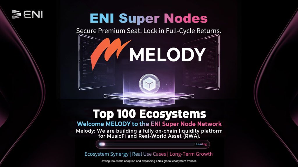 ENI__Official's tweet photo. 🎵 Welcome to the ENI Super Node Network, @MelodyAssets!

We’re excited to announce that Melody has officially become an ENI Super Node and joined the ENI Top 100 Ecosystems Program.

As a fully on-chain liquidity platform for MusicFi and Real-World Assets (RWA), Melody is redefining how music assets are tokenized, owned, and traded on-chain. Together, we’ll accelerate ecosystem innovation, real-world adoption, and long-term network growth.

Top-tier ecosystem forces are converging into ENI’s strongest consensus. 🚀