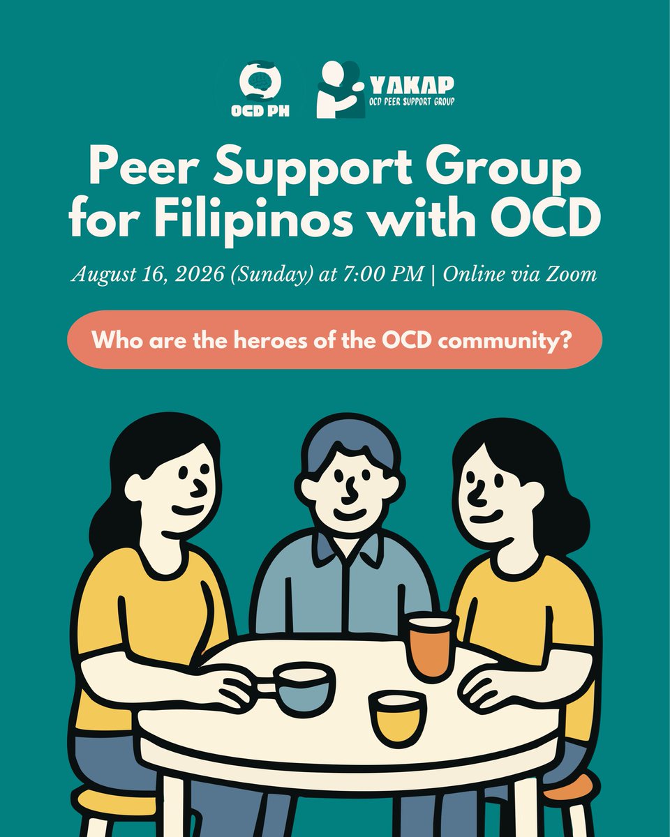 ocdpilipinas's tweet photo. Therapy? Meds? Support from loved ones? Who or what do people with OCD consider their heroes? ๐ฆธ๐ฝ
Letโs talk about it at Yakap, our monthly peer support group for Filipinos with OCD. Register via https://t.co/ZK3HPd8u92 ๐ซ
See you there! ๐๐ฝ
#YakapByOCDPH
#OCDPHPeerSupportGroup https://t.co/WZQxAqJp4C