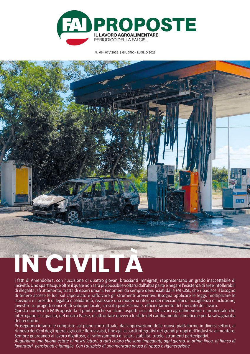 fai_cisl's tweet photo. 📗 Online e su app WeFai il nuovo numero di FAI PROPOSTE, storica rivista della FAI CISL.

✍️ Tra gli articoli di questa edizione:

➡️ “Dopo Amendolara”, editoriale del Reggente nazionale Antonio Castellucci sulle battaglie del sindacato per prevenire illegalità e caporalato;
➡️ in “Primo piano”, l’Esecutivo Cisl e la piattaforma unitaria confederale per l’accordo quadro su contrattazione, salari, rappresentanza, formazione, partecipazione, salute e sicurezza;
➡️ in “Attualità”, cosa cambia con la Direttiva Ue 2023/970 sulla trasparenza retributiva;
➡️ sempre in “Attualità”, sulle sfide per la gestione dell’acqua e la tutela ambientale, l’articolo di Fabrizio Stelluto “Il senso dimenticato del territorio e delle sue parole”, più un’intervista a Massimo Gargano, Segretario Generale SNEBI e Direttore Generale ANBI, sul lavoro nei Consorzi di bonifica e il suo ruolo strategico contro siccità, dissesto idrogeologico, crisi agroalimentari;
➡️ nella rubrica “Contrattazione”, contributi sul nuovo Ccnl Operai agricoli e florovivaisti, la bilateralità nei Consorzi di bonifica e la piattaforma per il Ccnl 2027-2030, i nuovi accordi integrativi nell’industria alimentare, le novità nel settore della panificazione;
➡️ tra le News, l’approvazione della piattaforma per il Ccnl 2027-2030 area alimentazione e panificazione e le priorità emerse dall’ultimo Consiglio Generale della Fai Cisl;
➡️ in “Vita sindacale”, il progetto EBS “Radici Partecipative. Il valore della bilateralità nell’industria alimentare tra tutele e inclusione”;
➡️ per gli “Approfondimenti”, un report sui conti economici dell’agricoltura rilevati dall’Istat;
➡️ per le rubriche “Europa” e “Internazionale”, l’ultimo Esecutivo dell’EFFAT e un articolo sui dati ILO e le azioni ETUI su emergenza climatica e tutela dei lavoratori;
➡️ per la rubrica “Dai territori”, contributi dalla Campania, dall’Emilia-Romagna e dalla Sardegna;
➡️ per le letture consigliate, il volume “Intelligenza”, su come governare l’impatto dell’IA sul lavoro, e il libro “Il cattolicesimo sociale, la Cisl, Franco Marini”, di Giorgio Merlo.

👉 Buona lettura: https://t.co/8J8UL52Na3

🔍 Visita il sito https://t.co/HbosUWZBHh, scarica l'app mobile WeFai

#lavoro #agroalimentare #caporalato #partecipazione #sindacato