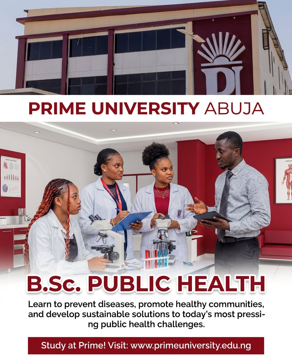 PrimeUniAbj's tweet photo. What if your chosen career path could improve the health and wellbeing of thousands of people?

The https://t.co/aQWOlkvscy. #PublicHealth programme at @PrimeUniAbj  prepares you to tackle today's most pressing health challenges.

Study at Prime!
https://t.co/RWWz1Ofaz9 https://t.co/duKzYDEOWR