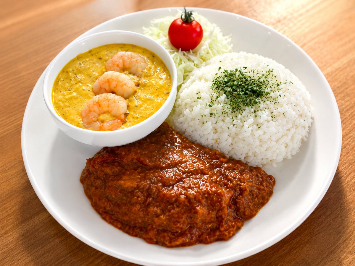 gentle_0324's tweet photo. 🍛20curry × ジェントルスパゲティ🍝

限定コラボスパイスカレー登場！

・山形大学スマート・テロワールの熟成ベーコンを使ったナポリカレー
・ぷりぷりエビクリームカレー

2種あいがけで1,200円（税込）です！

販売日は
8/7・8・9
8/17・18・19
8/28・29・30

イオンモール三川2F
ジェントルスパゲティにて数量限定販売！

#20curry #ジェントルスパゲティ #スパイスカレー #庄内グルメ