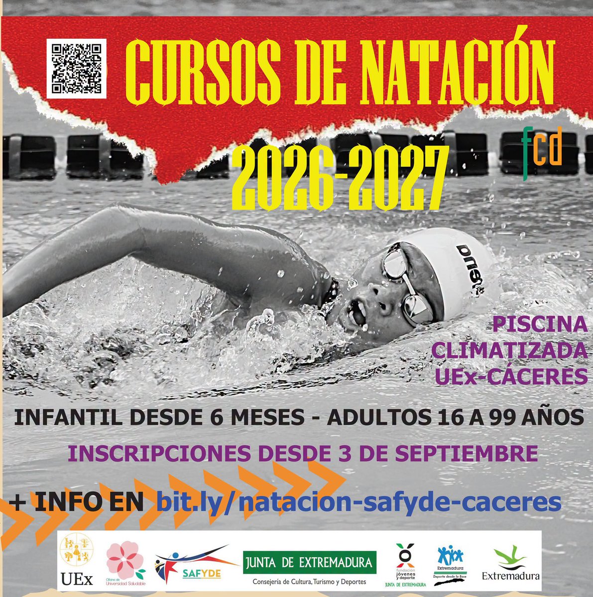 infouex's tweet photo. 🏊‍♂️🏊‍♀️ Cursos de natación 2026/2027
📅 Primer semestre. Desde el 1 de octubre al 27 de enero 
👶👩‍🦳🧑‍🦳 ¡Todas las edades! A partir de los 6 meses 🔝
📝 El 3 de septiembre se abre el periodo de inscripción
📍 Facultad de Ciencias del Deporte. Campus Cáceres 
https://t.co/grzKWyXp07 https://t.co/KWq9D0xHjm