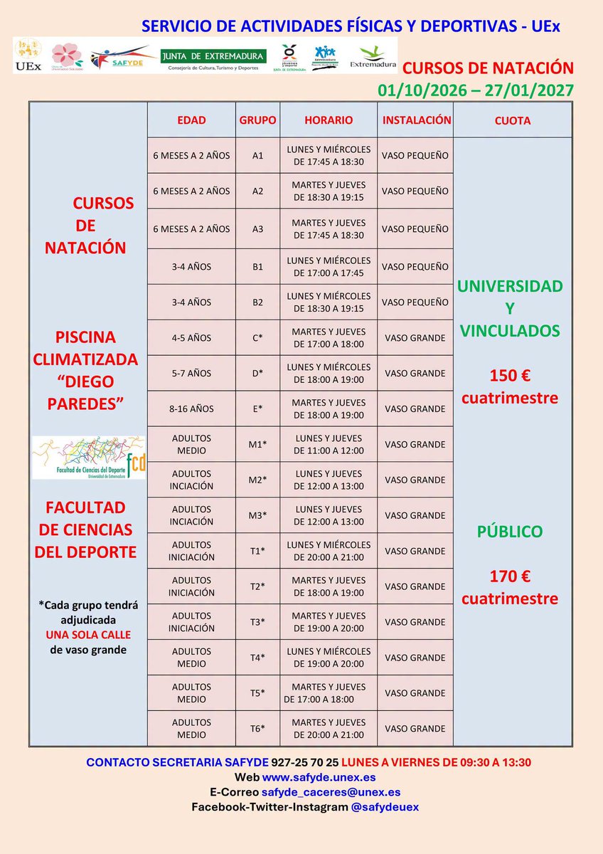 infouex's tweet photo. 🏊‍♂️🏊‍♀️ Cursos de natación 2026/2027
📅 Primer semestre. Desde el 1 de octubre al 27 de enero 
👶👩‍🦳🧑‍🦳 ¡Todas las edades! A partir de los 6 meses 🔝
📝 El 3 de septiembre se abre el periodo de inscripción
📍 Facultad de Ciencias del Deporte. Campus Cáceres 
https://t.co/grzKWyXp07 https://t.co/KWq9D0xHjm