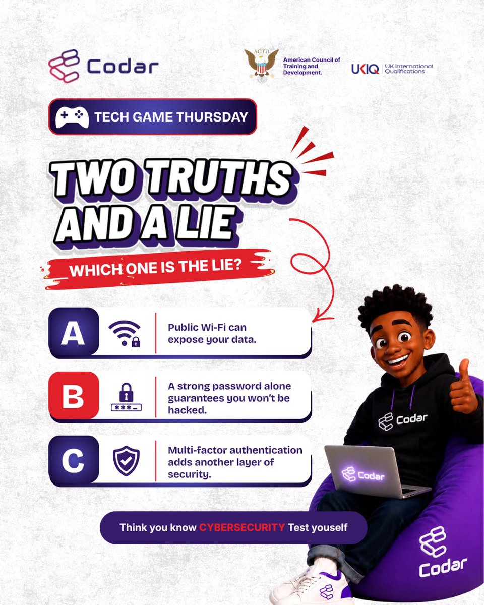 codarnigeria's tweet photo. 🧠 Tech Game Thursday

Which one is the LIE?

A. Public Wi-Fi can expose your data.

B. A strong password alone guarantees you won’t be hacked.

C. Multi-factor authentication adds another layer of security.

👇 Reply with A, B, or C. https://t.co/uPwWxV72zg