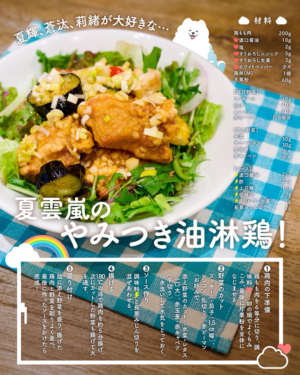 oshidoraEX's tweet photo. 【TVer4話配信終了まであと3️⃣日‼️】
☁#夏色の雲が恋と嵐をまきおこす⚡️

🍽️＼油淋鶏レシピ公開／🍽️

「おいしそう！食べたい！」
と思ってくださった皆さん、お待たせしました✨

夏輝・蒼汰・莉緒のお気に入り
**『夏雲風 やみつき油淋鶏』**のレシピを公開🥢💛

夏休みのおうちごはんにもぴったり🌻
ぜひ作って、ドラマの思い出と一緒に味わってください😊🎐

#夏雲嵐
#深田竜生 #浮所飛貴 #ACEes
#田辺桃子
#そうなつ