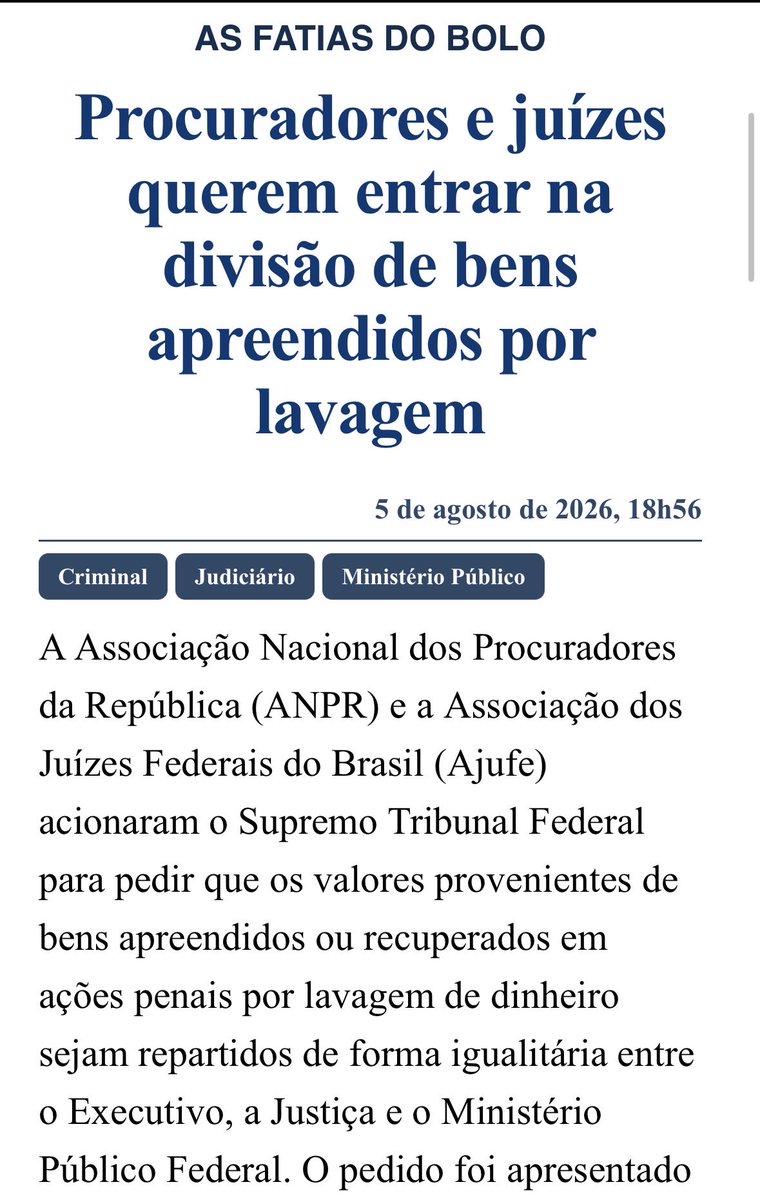 Rafael_RViegas's tweet photo. Supersalários não bastam. Procuradores e juízes disputam a divisão de bens apreendidos por lavagem de dinheiro. Coalizões corporativas de procuradores e juízes em torno de incentivos perversos ($) podem fragilizar a noção ideal de devido processo legal. Triste fim da CF 88 https://t.co/z4rmphsMBs