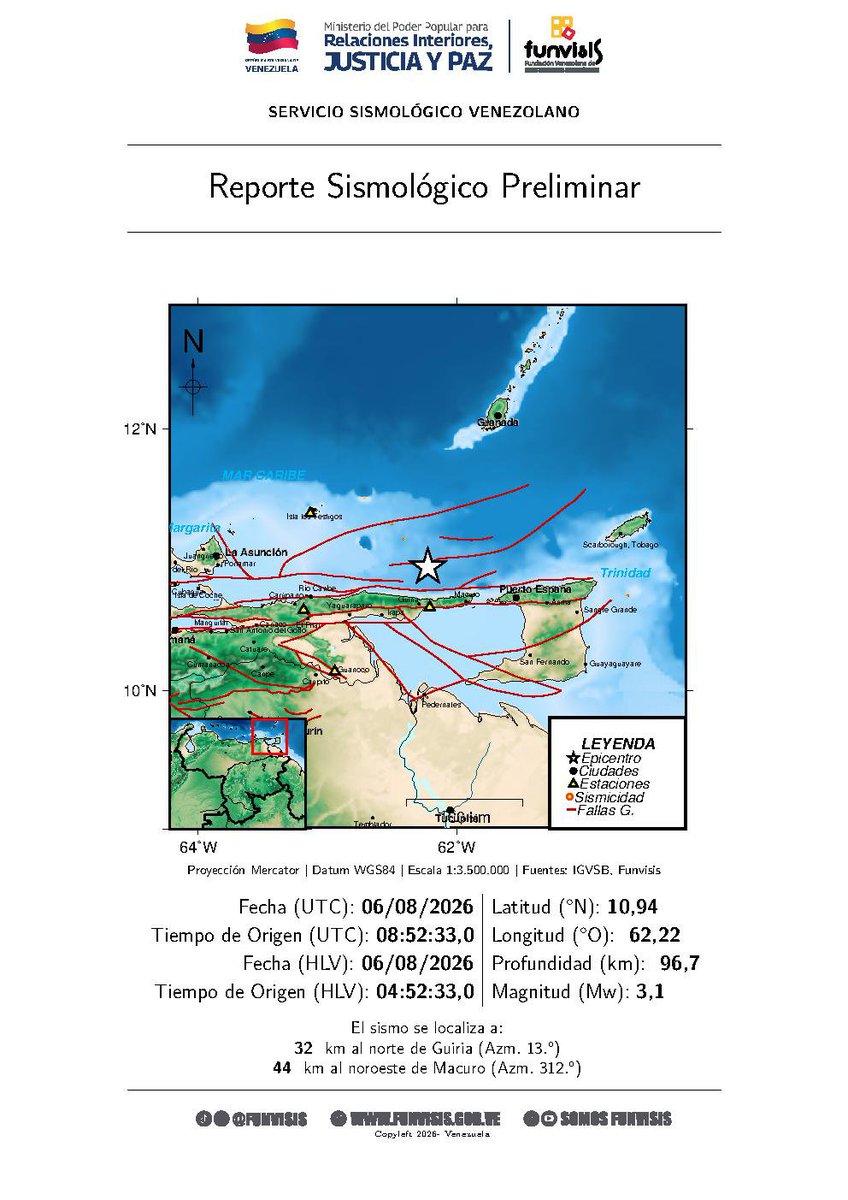 SomosFunvisis's tweet photo. FUNVISIS             
Sismo  
06/08/2026 04:52 
Mag (Mw): 3.1
Prof: 96.7 km
Epicentro: 10.944 N -62.222 O 
32 km al norte de Guiria https://t.co/Du9fEmjE76