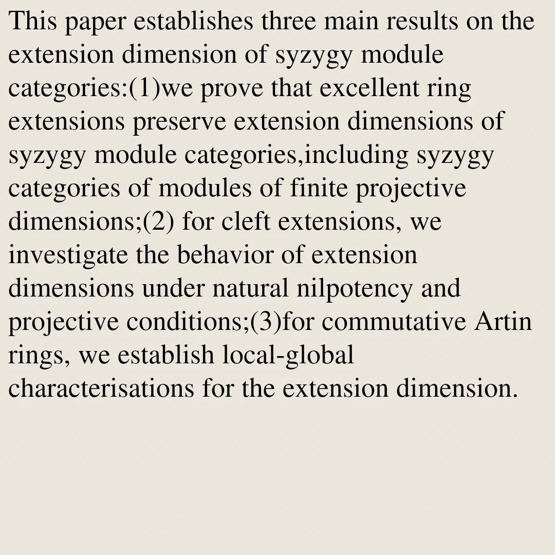 This paper establishes three main results on the extension dimension of syzygy module categories:(1)we prove that excellent ring extensions preserve extension dimensions of syzygy module categories,including syzygy categories of modules of finite projective dimensions;(2) for cleft extensions, we investigate the behavior of extension dimensions under natural nilpotency and projective conditions;(3)for commutative Artin rings, we establish local-global characterisations for the extension dimension.