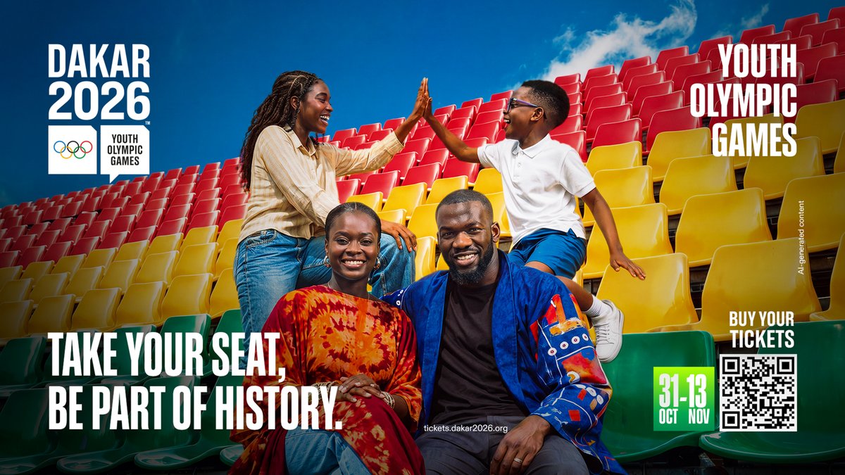 iocmedia's tweet photo. 🎟️ Ticket sales are now open for #Dakar2026, the first Olympic sporting event on African soil!

From 31 October to 13 November 2026, Senegal will welcome the world's best young athletes for a celebration of sport, culture and youth. 👇

🔗https://t.co/amYgrhCPhQ https://t.co/TXEuJl5JeR