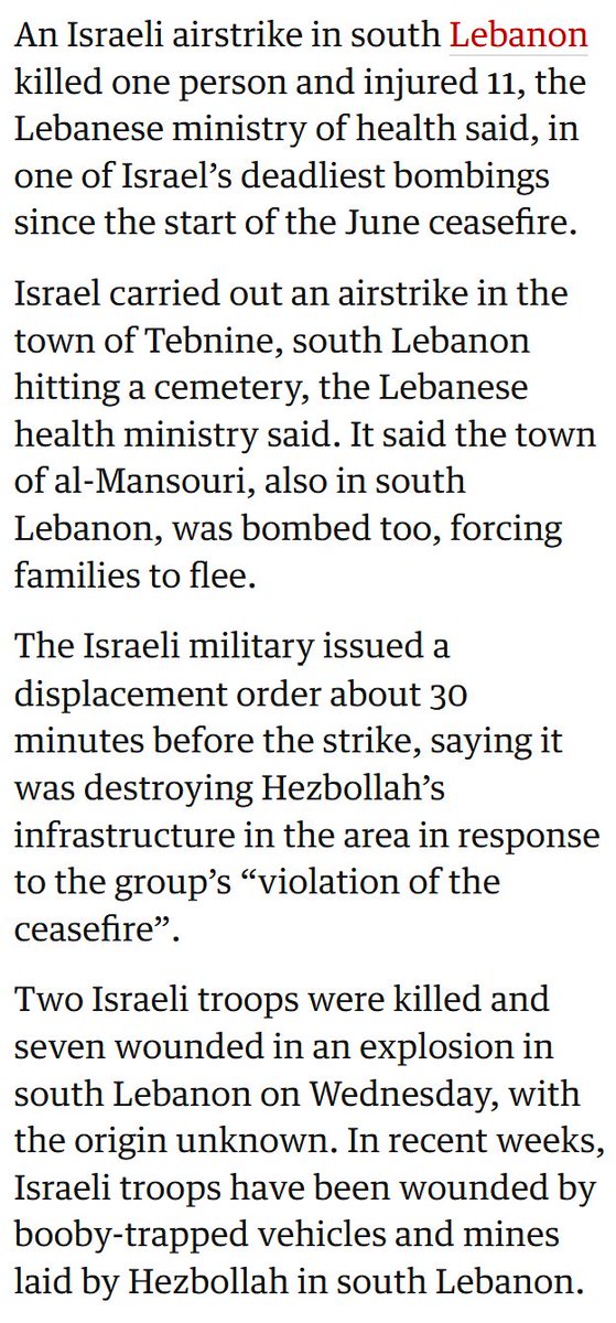 HonestReporting's tweet photo. Hezbollah planted an explosive device and killed two Israeli soldiers.

This was a violation of its ceasefire with Israel.

Leave it to @guardian to minimize this violation, instead focusing on the Israeli response.

For The Guardian, it's not news unless Israel can be portrayed as the aggressor.