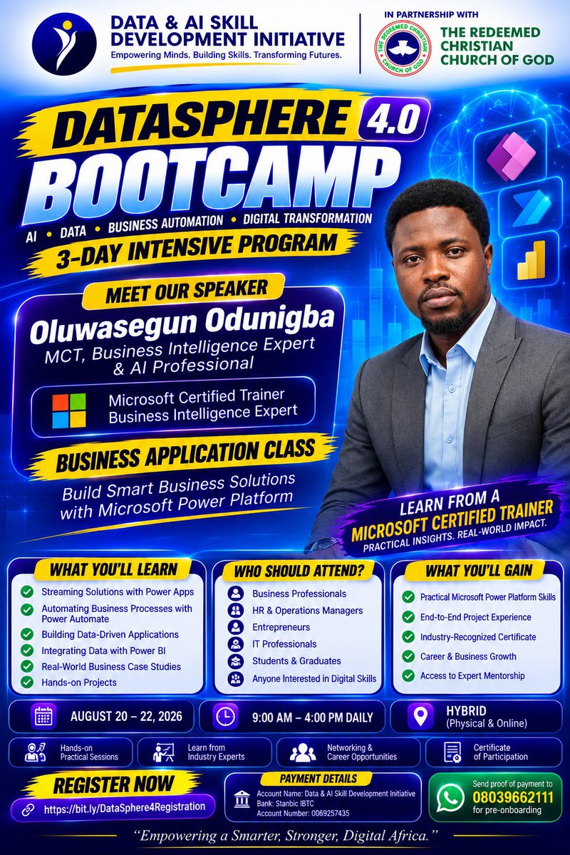 dataAIskilldev's tweet photo. In 2026, AI skills are no longer optional-they're essential. 

Stay ahead with the #Datasphere4 Bootcamp
Learn AI, Data Analytics, Power BI, Power Apps &amp; Business Automation from Microsoft Certified Trainers.

📅 Aug 20–22, 2026
Send a DM to Register now!

#DAISICommunity https://t.co/4fGaG0jpY4