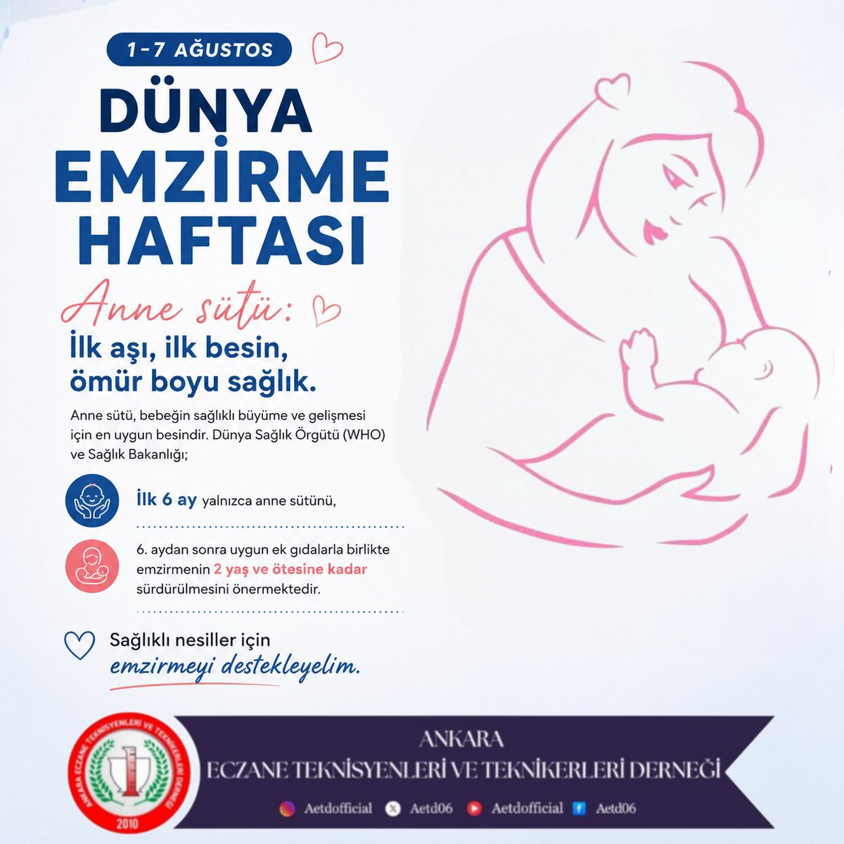 aetd06's tweet photo. 1-7 Ağustos Dünya Emzirme Haftası kapsamında, anne sütünün önemi ve emzirmenin anne ile bebek sağlığı üzerindeki olumlu etkilerine dikkat çekiyoruz.

Sağlıklı nesiller için emzirmeyi destekliyoruz. https://t.co/HxqGsMcTsb