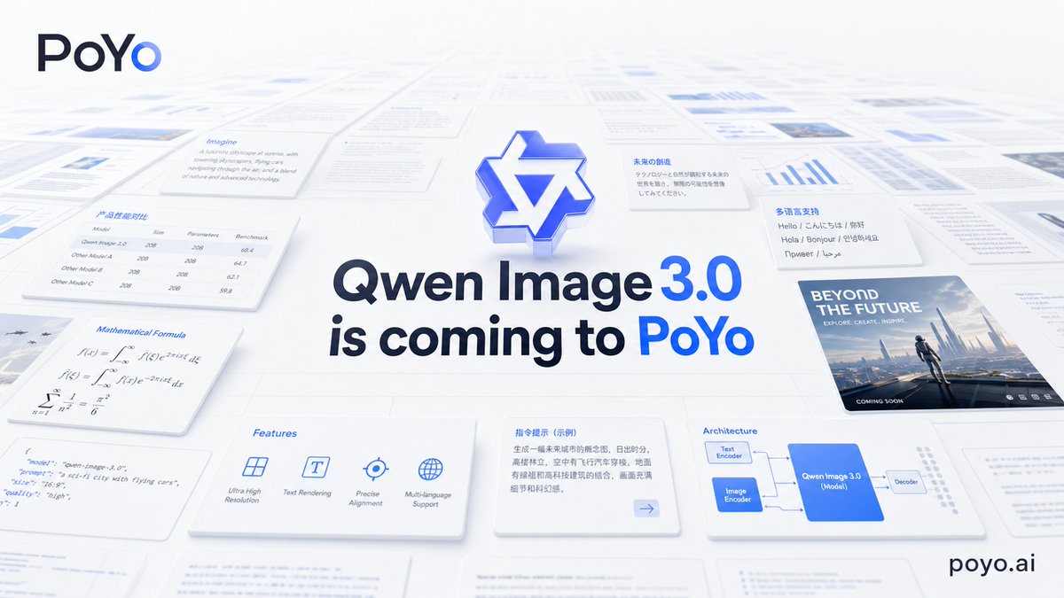 PoyoAPI's tweet photo. Qwen Image 3 is coming to PoYo.  
One image model. One pass.   
- Complex, multi-panel layouts in one pass 
- Fine text + LaTeX 
- Visual text across 12+ languages 
- Prompts up to 4,500 tokens  
Want 100 complimentary PoYo credits?   
① Follow @PoyoAPI  
② Like + repost this post 
③ DM us QWEN3   
The first 100 eligible DMs will receive a redemption code for 100 PoYo credits.   
Coming soon. https://t.co/liW2gurgDG
