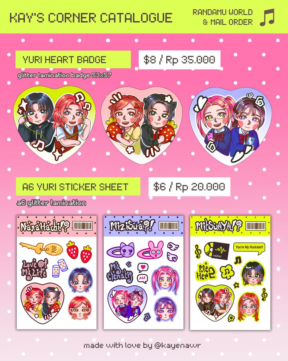 kayenawr's tweet photo. [ rt &amp; likes are appreciated <33 ]
Kay's Corner RANDAMU CATALOGUE

📅 mail order period 6-12 August (for local)
📍booth I-15
📎tgswiiwagaa, NANA, alien stage, witch hat atelier, love and deep space, etc.

more catalogue &amp; form below! https://t.co/Hbtc0hPEwf