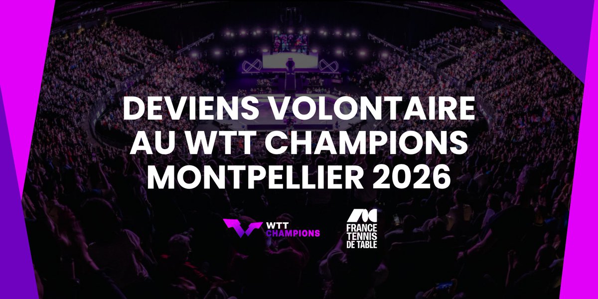 ffttofficiel's tweet photo. Rejoins l’aventure en tant que volontaire pour le WTT Champions 2026 à Montpellier ! 🤝

📎 Pour postuler, c'est ici ➡️ https://t.co/KBju46Ohi5 https://t.co/FQMKz2NlnT