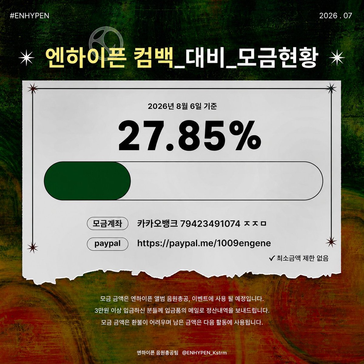 ENHYPEN_Kstrm's tweet photo. 💛 모금액 현황 안내 (20260806)

🔥 D-15 🔥

엔하이픈의 미니 8집,
THE SIN : BLISS 앨범 발매를 대비한 모금이 
약 27.85% 완료되었습니다‼️

💰 모금
https://t.co/9AvcrUYjGh

💰 계좌
카카오뱅크 79423491074 ㅈㅈㅁ
PayPal https://t.co/Os94wQoOFs 

작은 금액이라도 함께해 주시는 분들이 많으면
정말 큰 힘이 됩니다!

성공적인 컴백을 위해 많은 참여 부탁드려요🤗

#엔하이픈 #ENHYPEN
#THE_SIN_BLISS
