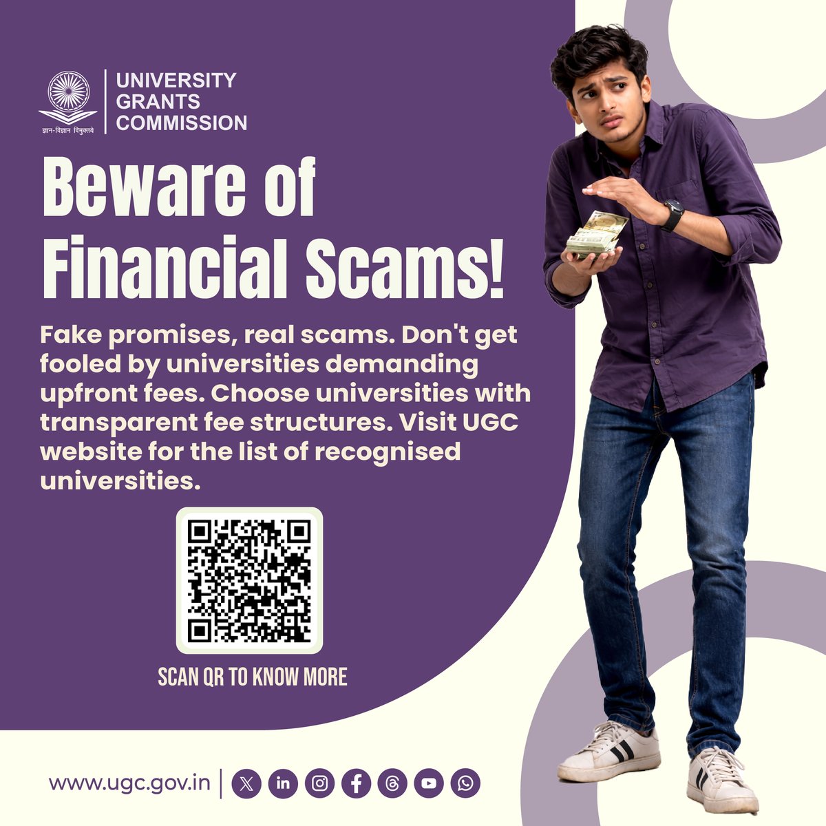 ugc_india's tweet photo. 🚨 Stay Alert. Stay Safe.
 
UGC cautions students to beware of financial scams in higher education.
 
 ❌ Don’t fall for fake promises or demands for upfront fees
 ✔️ Always choose institutions with transparent fee structures
 ✔️ Verify university recognition on the official UGC website
 🎓 Make informed decisions—protect your future from fraud.
 
 🔎 Check the list of fake and recognised universities: https://t.co/AS4azsl4sU
 
 📄 Read the UGC Public Notice:
https://t.co/JF4F9O9QlM
 
#StudentAwareness #FakeUniversities #HigherEducation #StayAlert
