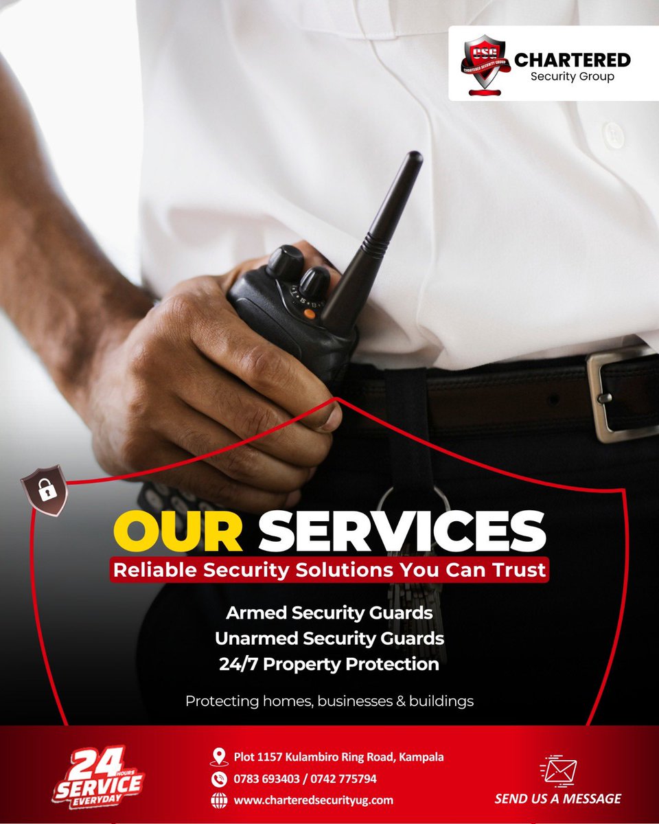 charteredSecGrp's tweet photo. Protection you can count on, 24/7.
Protecting people, property
Your safety is our mission. 
#CharteredSecurityGroup #SecuritySolutions #PropertyProtection #24HourSecurity #ArmedGuards #UnarmedGuards #TrustedSecurity #ProtectWhatMatters #SecurityServices #UgandaSecurity https://t.co/xju9N2zAzj