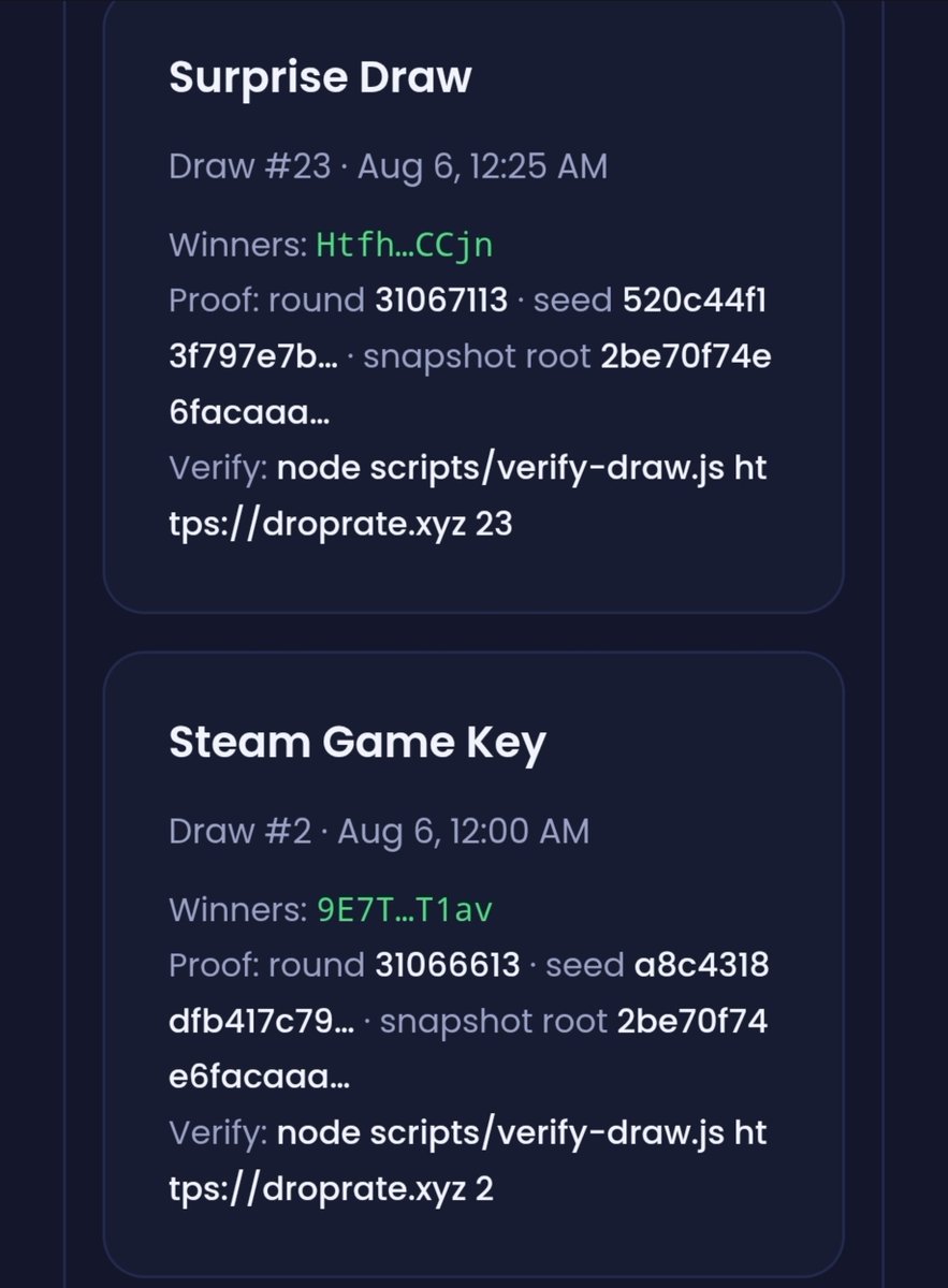 DroprateGames's tweet photo. Announcing 2 winners! The 2nd timed draw was won by wallet beginning in 9E7T. The surprise draw winner wallet begins with htfh. 
I saw that 9E7T had won 2 times in a row (they were the only entry on drop 1 key). So before I hit the panic button I decided to run a surprise draw to verify everything was running smoothly. And it sure is. Turns out that 9E7T was our only entrant for that first draw (free ticket draw)
 And by happenstance they had won the following round.
I jist wanted to clear the air here.
Congrats you guys! Hope you enjoy your games! 
Next draw is less than 6 hours away!