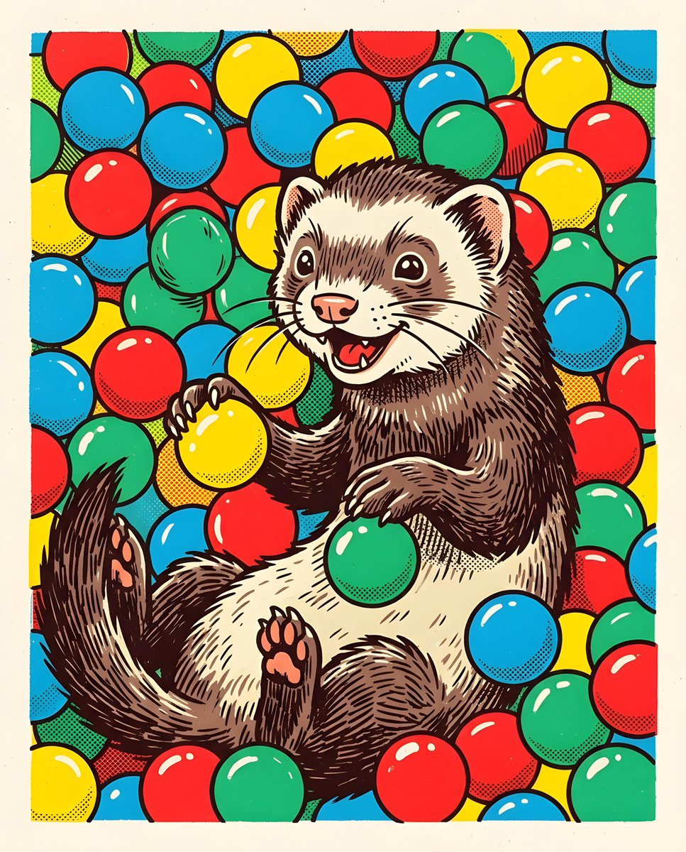 Whimsical Ferret Ball Pit Illustration