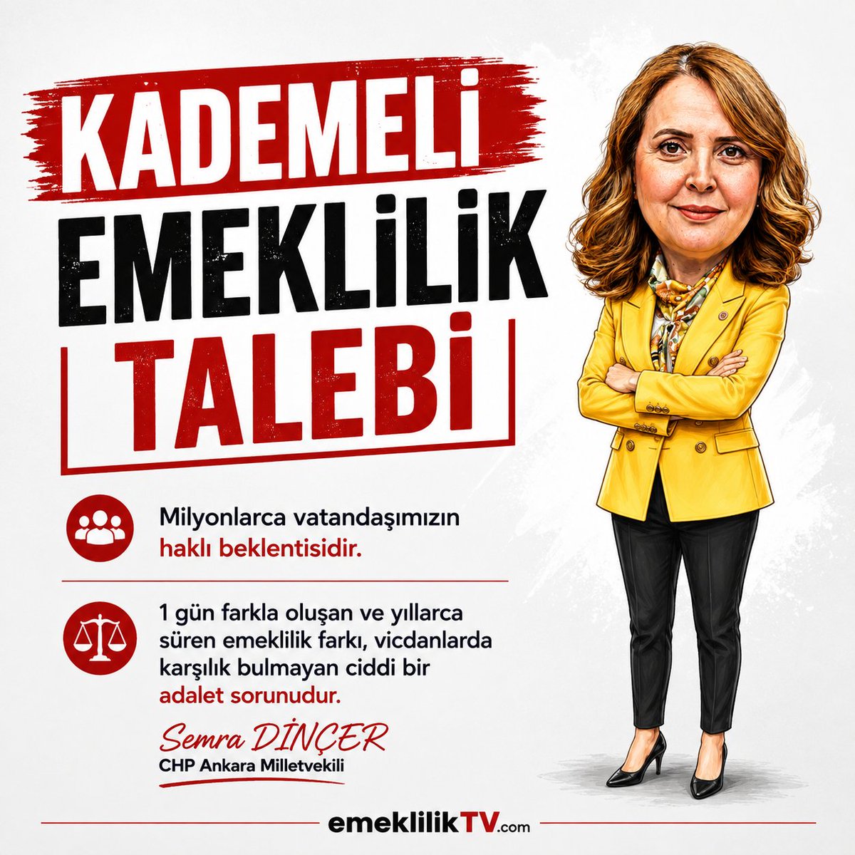 EmeklilikTV's tweet photo. 📢 CHP Ankara Milletvekili Semra Dinçer'den Kademeli Emeklilik Çağrısı

CHP Ankara Milletvekili Semra Dinçer, #KademeliEmeklilik talebinin milyonlarca vatandaşın haklı beklentisi olduğunu belirterek, bir günlük fark nedeniyle oluşan uzun yıllara varan emeklilik farkının ciddi bir adalet sorunu oluşturduğunu ifade etti.

Dinçer, konunun siyaset üstü olduğunu vurgulayarak, TBMM'nin vatandaşın sesine kulak vermesi ve hakkaniyet esaslı bir Kademeli Emeklilik düzenlemesini hayata geçirmesi gerektiğini söyledi.

📌 Sosyal devlet ilkesini güçlendirecek adımların gecikmeden atılması çağrısında bulundu.

#SemraDinçer #CHP #EmadderHaklı #ÇözümKademe #Emeklilik #SosyalAdalet #TBMM #EmeklilikTV