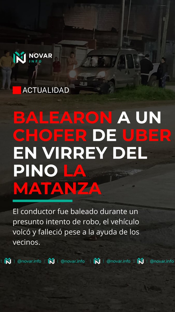 novar_info's tweet photo. 🚨 Virrey del Pino | La Matanza

Un conductor de Uber murió tras un presunto intento de robo.

Según vecinos, delincuentes le dispararon, el vehículo volcó y fue asistido por personas de la zona hasta la llegada de la Policía.

💬 ¿Qué opinás? https://t.co/Yz7NpsMexT