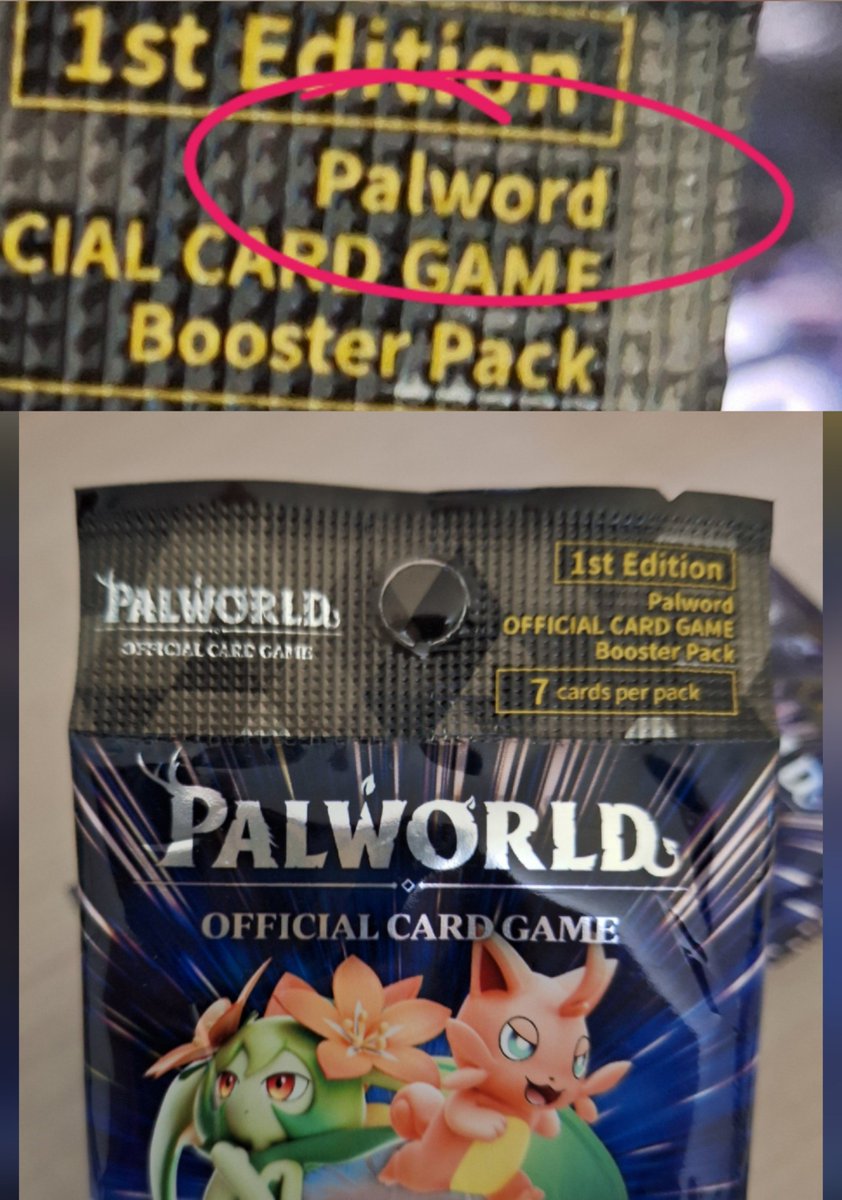 Piezaroth's tweet photo. I love #Palworld but... They actually got their own name wrong on the packets? 💀 #PalworldTCG #TCG #OfficialCardGame #DawnOfPalpagos https://t.co/QI9cyYQDBV