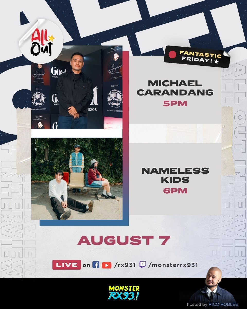RX931's tweet photo. Making a #FANtasticFriday fantastic with a double-header on #AllOut ⭐ Never running out of love with Nameless Kids bringing a new sentimental hit, ‘temporary’ 🖼️ Shining on with Emmy Award-winning Filipino producer Michael Carandang👑
Happening on #RX931 livestream channels. 📻 https://t.co/rQ4JWtFgFe