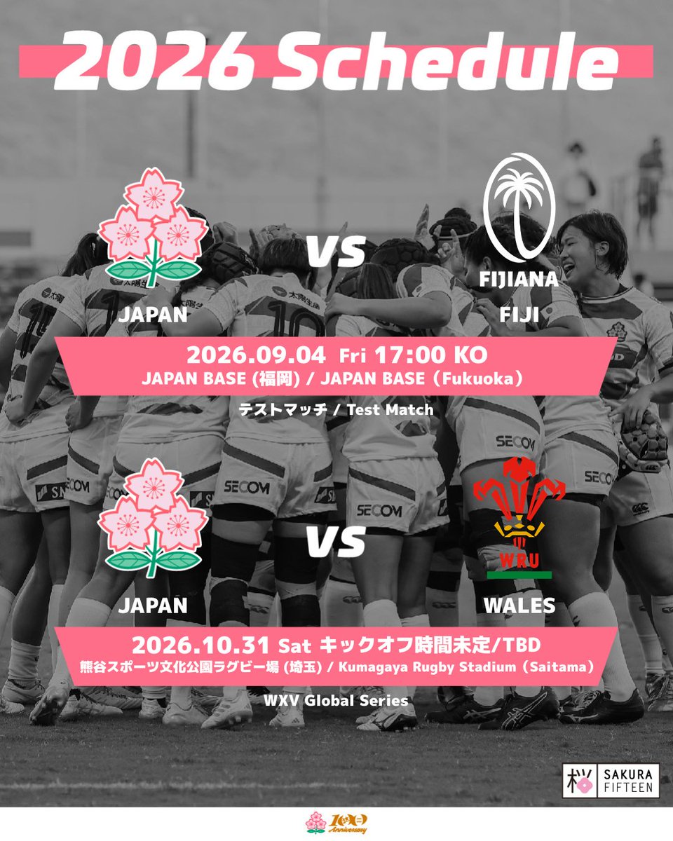 JRFUMedia's tweet photo. 女子日本代表🌸　女子フィジー代表戦、女子ウェールズ代表戦開催決定のお知らせ📣

今年9月と10月に女子フィジー代表と女子ウェールズ代表と国内での試合開催が決定❗

🟢テストマッチ
📆9月4日（金）17:00キックオフ
📍JAPAN BASE（福岡県福岡市）

🟢WXV Global Series
📆10月31日（土）キックオフ時間未定
📍熊谷 スポーツ文化公園ラグビー場（埼玉県熊谷市）

#JapanRugby
#SakuraFifteen
#Sakura15