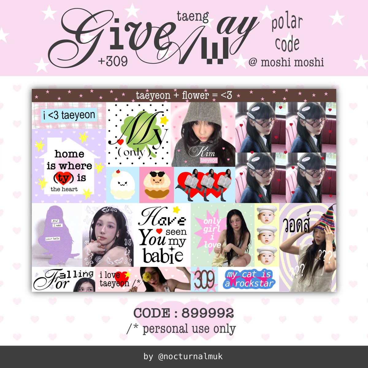 nocturnalmuk's tweet photo. ⠀⠀⠀:¨ ·.· ¨: 
          `· .  kindly rt 
⠀⠀giveaway polar code ໒꒱

taeyeon sticker ( ty + flower = <3 )
code : 899992

@ moshi moshi
* / for personal use only .ᐟ.ᐟ https://t.co/biELQALJgf