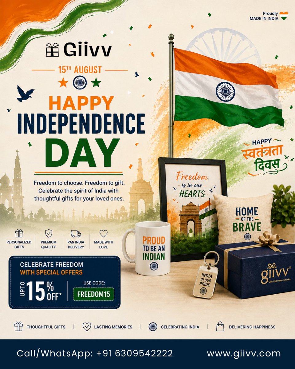 giivv_com's tweet photo. Celebrate freedom with thoughtful gifts from GIIVV 🇮🇳

Get up to 15% OFF with code FREEDOM15.

Shop: https://t.co/8I6aITP3RM
WhatsApp: +91 6309542222
#GIIVV #IndependenceDay #15August #PersonalizedGifts #MadeInIndia https://t.co/NV4pGDktfQ