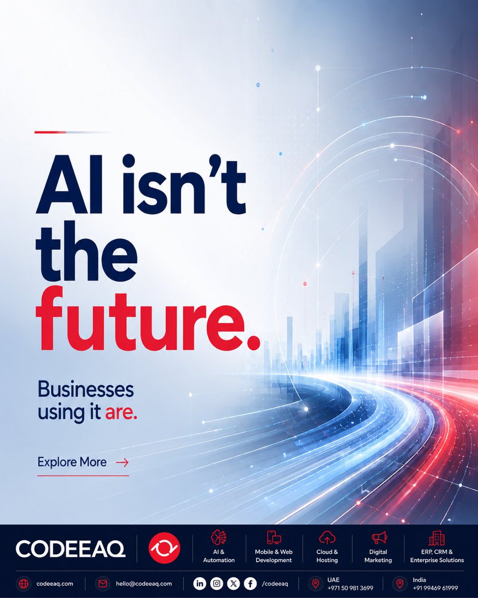 codeeaq's tweet photo. AI isn't the future. Businesses using it are.  

The businesses leading tomorrow are the ones investing in intelligent solutions today.  🚀 Explore More: https://t.co/zqj82LWP2K
  
#ArtificialIntelligence #AI #EnterpriseAI #DigitalTransformation #MachineLearning  #Codeeaq https://t.co/qgsLGNii2O