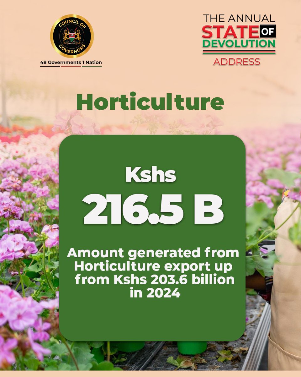 CEOCOG's tweet photo. Kenya's horticulture exports earned KSh216.5 billion, coffee exports increased to KSh52.1 billion, while tea generated KSh187.1 billion, reaffirming agriculture as a key pillar of the economy.

#SODA2026 #StateOfDevolution2026 @KenyaGovernors @maarifa_centre @CogChair https://t.co/1Q0SX6DryZ