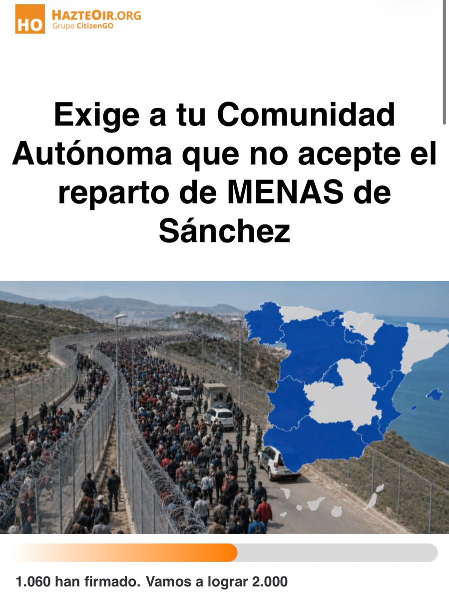 hazteoir's tweet photo. 🚨 ESTO ES MUY GRAVE ¡HAY QUE FRENAR EL REPARTO FORZOSO DE MENAS: NO PAGUES EL FRACASO FRONTERIZO DE SÁNCHEZ! 

Sánchez no defendió la frontera ante la invasión y ahora pretende que las CCAA paguen las consecuencias repartiendo a 862 menores con 25M€ de tus impuestos. ¡Y en solo 15 días! ⚠️

💥 Hay vía legal para frenarlo: Aragón y Extremadura ya han demostrado que recurriendo cada traslado expediente a expediente se ganan los tribunales. Exigimos a los presidentes autonómicos que no agachen la cabeza ante Génova ni ante Moncloa.

Deben volver a su país con sus familias. ¡Ni un menor trasladado a nuestros barrios!

✍️ FIRMA LA PETICIÓN Y EXIGE A TU PRESIDENTE QUE PLANTE CARA

👉 Firma aquí: https://t.co/3pR5jtBXLK
