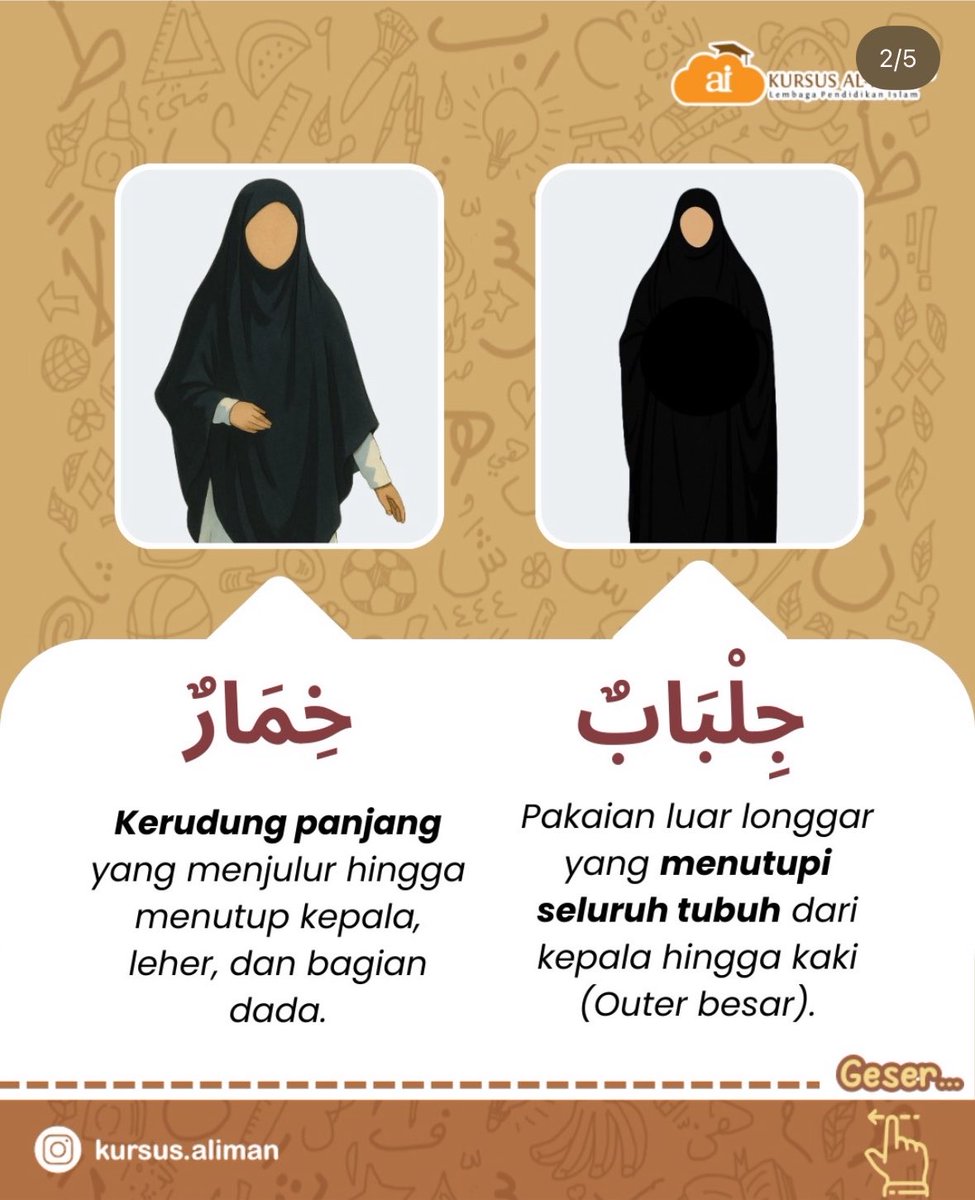 lilaccountz's tweet photo. bismillah, ini kucoba jelasin pake bahasa bayi ya~

kalau definisi secara bahasa, 

🔅hijab : apa apa yg menjadi penutup, penghalang atau tabir. maknanya bisa utk banyak konteks, ga cuma utk pakaian. bisa jg dlm konteks menutup akhlak buruk

tapi hijab dlm konteks pakaian intinya adalah kain dlm bentuk apapun yg menutup/menghalangi aurat kita dr terlihat oleh org lain. bisa dlm bentuk kerudung, kaos kaki, cadar, abaya, gamis, 

klo dlm konteks umum, bahkan kain pembatas area cewe dan cowo yg biasa ada di masjid jg bisa disebut hijab.

🔅jilbab : pakaian longgar yg menutup seluruh aurat tubuh wanita dari kepala sampai kaki. 

jilbab yg dimaksud dlm ayat tuh bukan jilbab dlm bentuk sudah dijait jadi kerudung atau baju, tapi bener bener kayak kain kurung yg dipake di atas baju & kerudung dan sizenya lebar, menjulur dr kepala sampe kaki dan memenuhi syarat baju syar’i (lebar, tidak nerawang, tidak menarik perhatian, tidak bercorak dll)

jadi hijab konteksnya lebih umum, sedangkan jilbab konteksnya lebih spesifik ke pakaian.

jilbab sudah pasti termasuk dlm hijab karena menutup aurat, tapi hijab belum tentu jadi jilbab.

*tambahan : sedangkan khimar (kerudung) ya spesifik utk kain yg hanya menutupi aurat bagian atas (kepala, telinga, rambut, leher) dan diwajibkan utk menutup dada yah!

wallahu a’lam