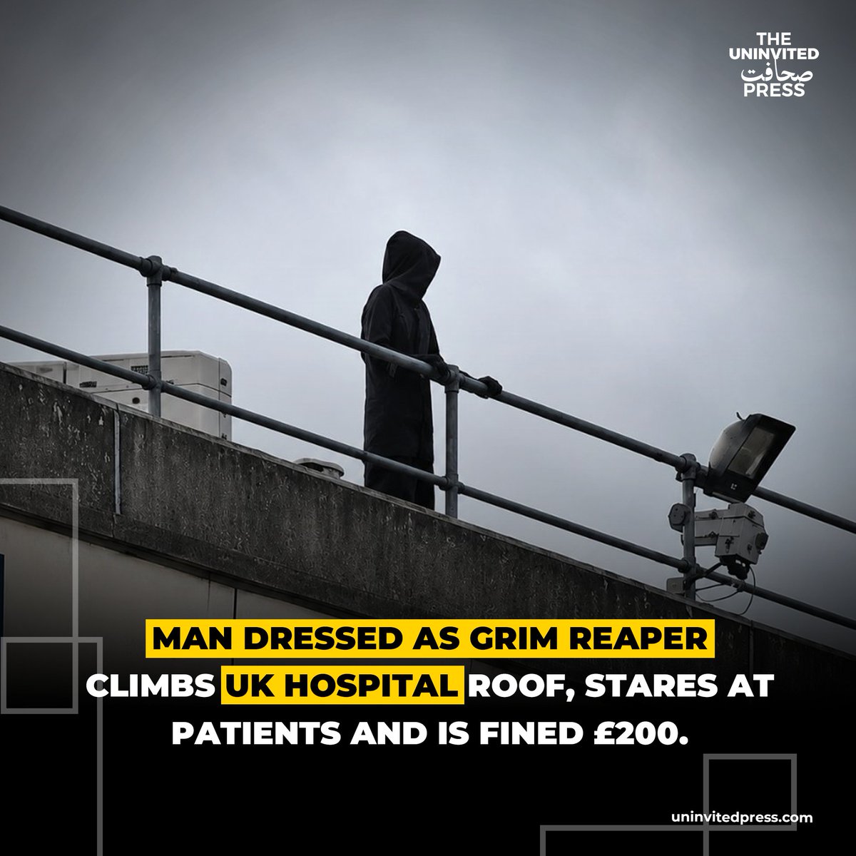 duninvitedpress's tweet photo. Man in Grim Reaper Outfit Climbs UK Hospital Roof and Stares at Patients.
A 26-year-old man dressed in black climbed onto the roof of a hospital in North Wales and stood staring at patients, staff and visitors below. Police and firefighters responded to the scene at Glan Clwyd Hospital near Rhyl after the man remained there for about 50 minutes. Leon Gillespie later admitted causing a nuisance on NHS premises and was fined £200 by magistrates.

📌 MORE: https://t.co/wajdHbqRhk

#UKNews #Wales #Hospital #GrimReaper #NHS #NorthWales #GlanClwyd #BreakingNews