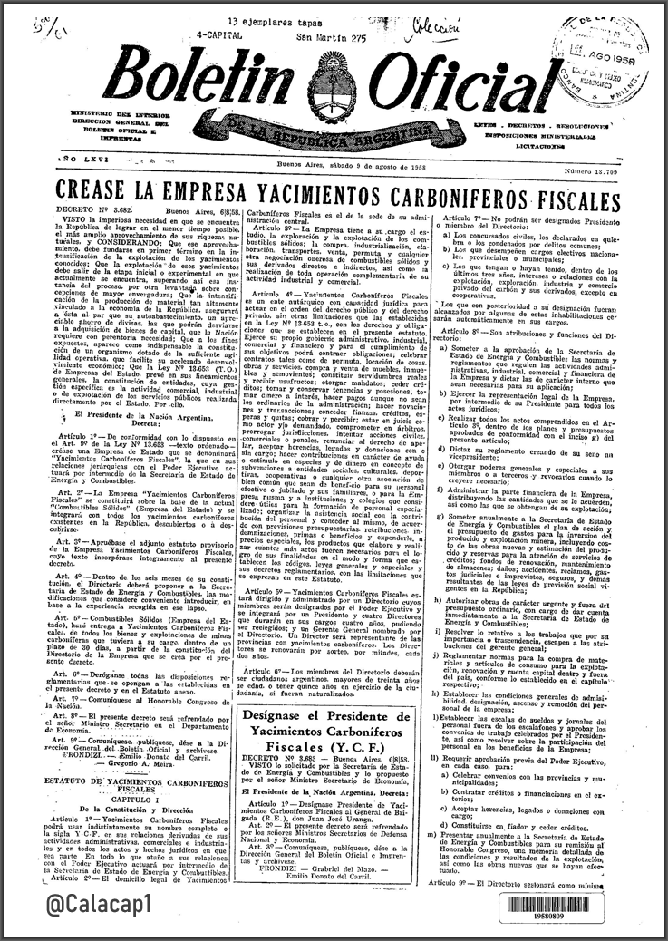 Calacap1's tweet photo. #UnDíaComoHoy — 6 de agosto de 1958
Nacía Yacimientos Carboníferos Fiscales (YCF), la empresa estatal que impulsó la explotación del carbón en Río Turbio, provincia de Santa Cruz ⛏️🔥
#EfemeridesArgentinas
#YCF
#RíoTurbio
#SantaCruz
#HistoriaArgentina https://t.co/olJaoqfN4Z