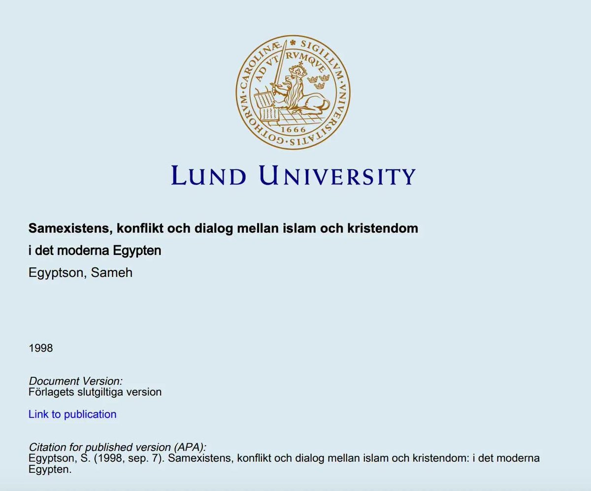 samehegyptson's tweet photo. 1998 varnade jag för politisk islam – tre år före den 11 september.

När jag nu har digitaliserat och publicerat över 330 artiklar i mitt Substack-arkiv gjorde vi en oväntad upptäckt.

Min magisteruppsats i religionsvetenskap från Lunds universitet (1998) fanns inte med i det gamla WordPress-arkivet. När min vän Abod Bedros, som gör ett fantastiskt arbete med att bemöta mina kritiker utifrån mitt forskningsmaterial, nyligen läste uppsatsen uppmärksammar han något anmärkningsvärt.

Redan 1998 analyserade jag hur taqiyya och den politiska islamens idéer kom till uttryck i Al-Azhars kurslitteratur. Jag uppmärksammade också det växande hotet från Usama bin Laden – tre år före terrorattackerna den 11 september 2001.

I dag publicerar jag därför uppsatsen för första gången i sin helhet på min Substack.

Läs uppsatsen om du är intresserad av mötet mellan islam och kristendomen, religionsdialog och den politiska islamens idéutveckling.

Historien visar att idéer måste granskas i tid. Kunskap hjälper oss att fatta kloka politiska beslut innan problemen blir kriser. Det är också därför jag kandiderar till riksdagen.

Vill du stödja min valkampanj och samtidigt få tillgång till över 330 artiklar och texter från nästan tre decenniers arbete? Bli prenumerant på min Substack och följ mitt fortsatta arbete.

Länk till uppsatsen och till Substack finns i kommentarsfältet.