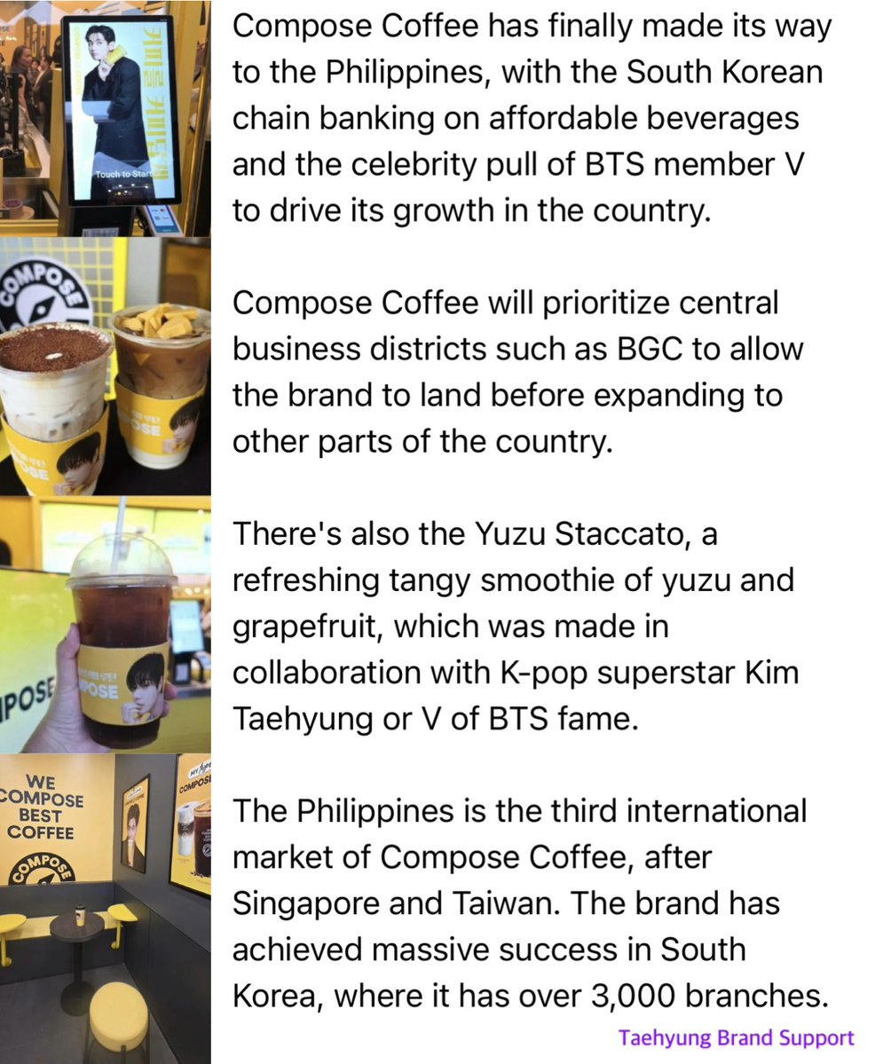 btskthv1230's tweet photo. "Compose Coffee has finally made its way to the Philippines, with the South Korean chain banking on affordable beverages and the celebrity pull of V to drive its growth in the country."

V FOR COMPOSE COFFEE
COMPOSE COFFEE MODEL V
#TaehyungxComposeCoffee
#VxComposeCoffee https://t.co/NLd3tfMlum