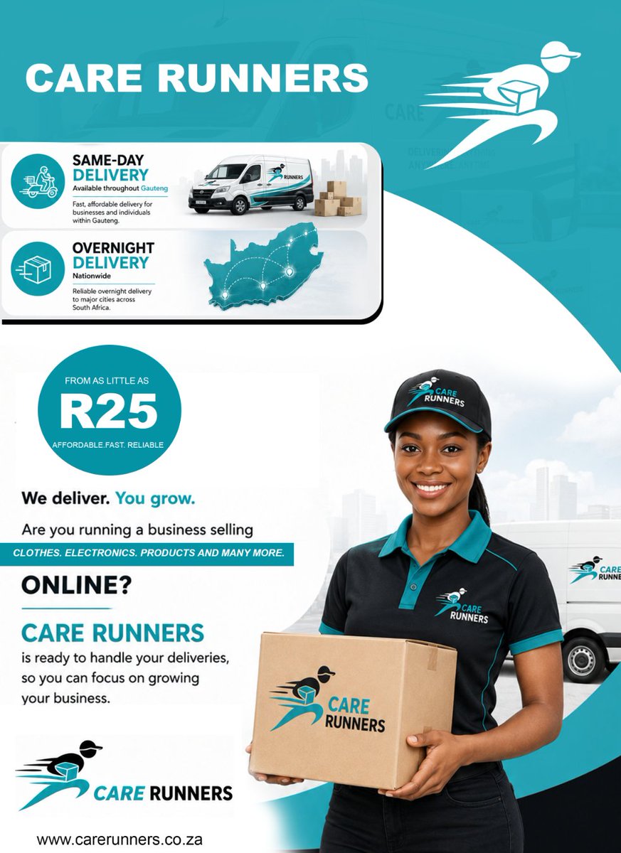 Shuduconnection's tweet photo. Selling online? Let us take care of your deliveries while you focus on growing your business. Fast, secure, and affordable courier services starting from R25. 

 Care Runners – We deliver. You grow. https://t.co/jiltwlwpI7