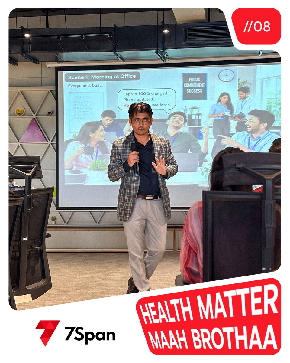 7SpanHQ's tweet photo. Our team got a much-needed posture check during an interactive Health Awareness Session with Mr. Gaurang Raval and Dr. Samrat. 

From better posture to easy desk exercises, we picked up simple habits for a healthier workday. 💪 https://t.co/XBNhyeZivm