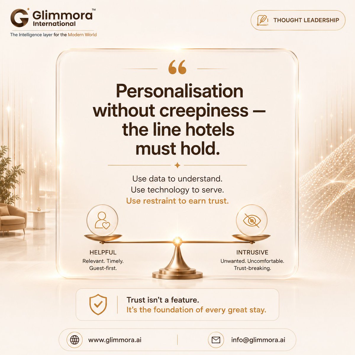 glimmora2026's tweet photo. Personalization Should Build Trust, Not Cross the Line.

AI should enhance guest experiences without compromising privacy. Deliver smarter more personalized hospitality while earning lasting trust.

#HospitalityAI #GuestExperience #ResponsibleAI #HotelTech #GlimmoraInternational https://t.co/6WoqciiyQ3
