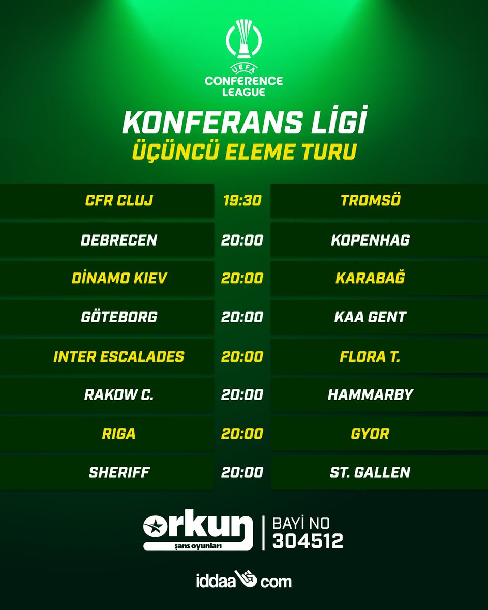 304512OrkunSans's tweet photo. UEFA Konferans Ligi'nde üçüncü eleme turunda heyecan tüm hızıyla devam ediyor. 🟢⚽

Günün maçlarını tek bakışta keşfet. 👀

Oranları Yakala 👀
🔗 Link bio'da https://t.co/HihaNuBNgI